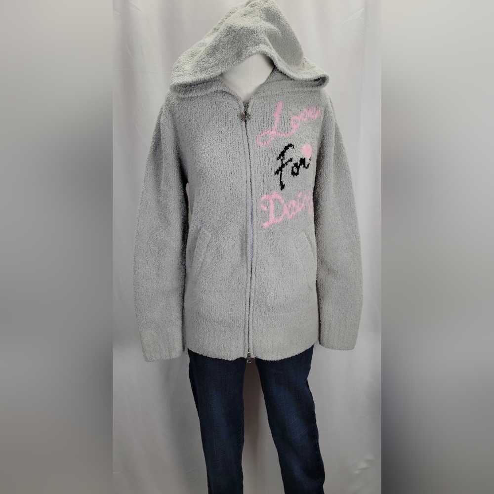 DAISY LOVERS Gray Zip-Up Fleece Jacket with Pink and Black Text